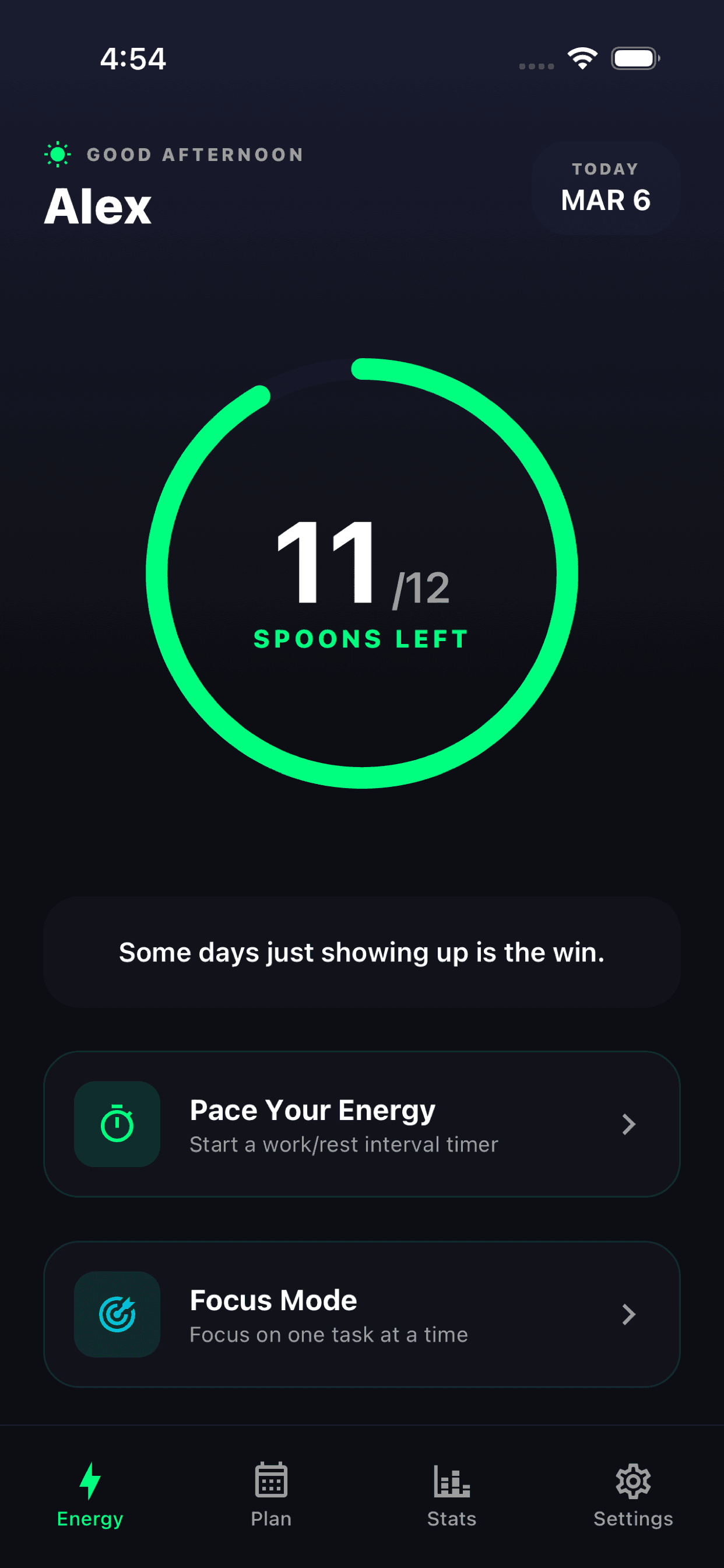 SpoonDo energy planning dashboard on iPhone